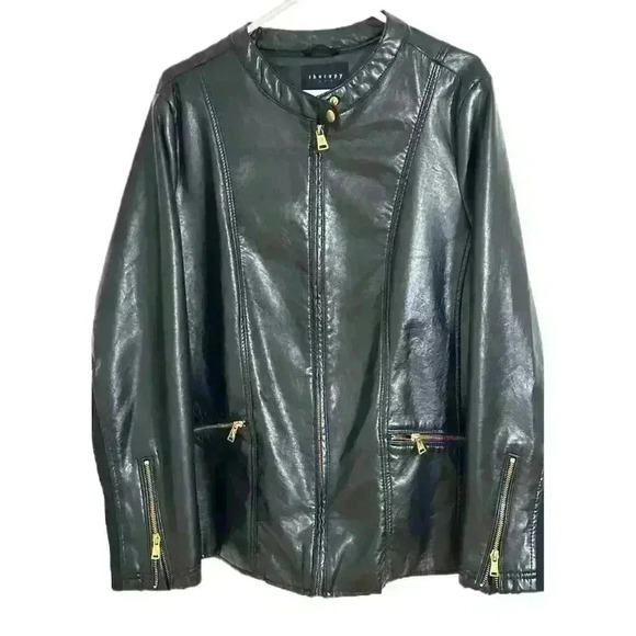 Theory Womens Jacket 2XL Faux Leather Floral Lining Zipper Back Ribbed Knit - Picture 1 of 7